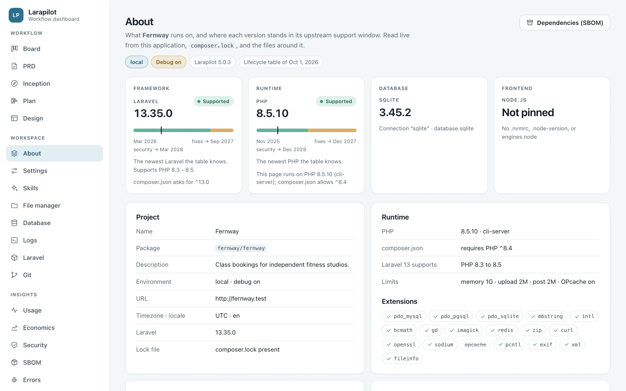 The About page: Laravel, PHP, and database versions with their support windows