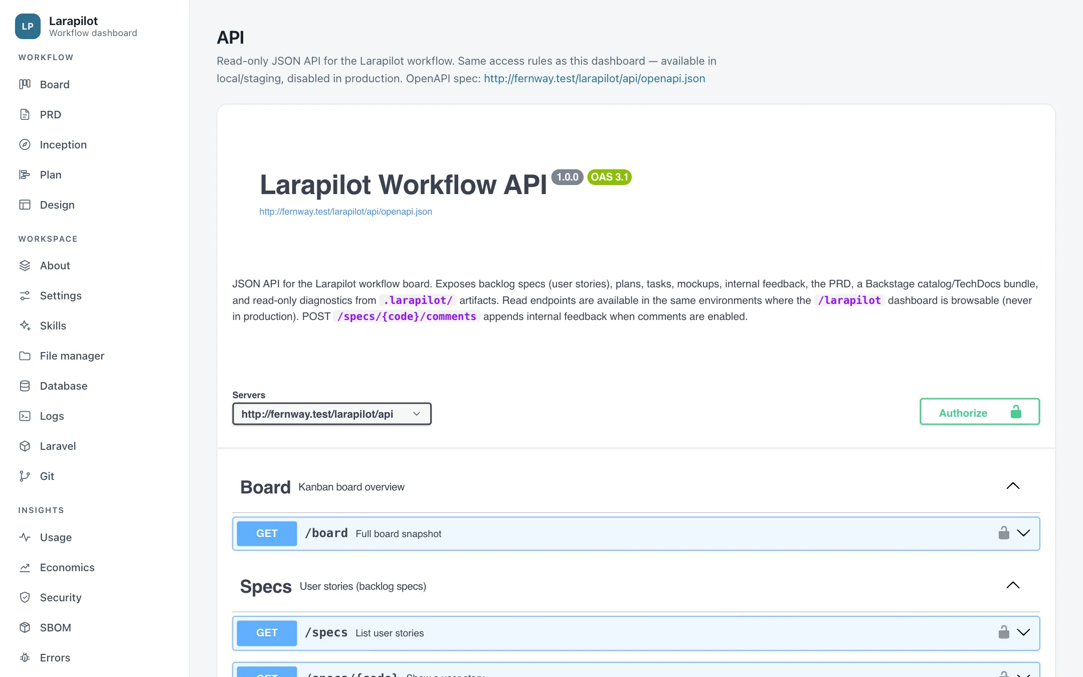 The API docs page: Swagger UI over the JSON API of the dashboard