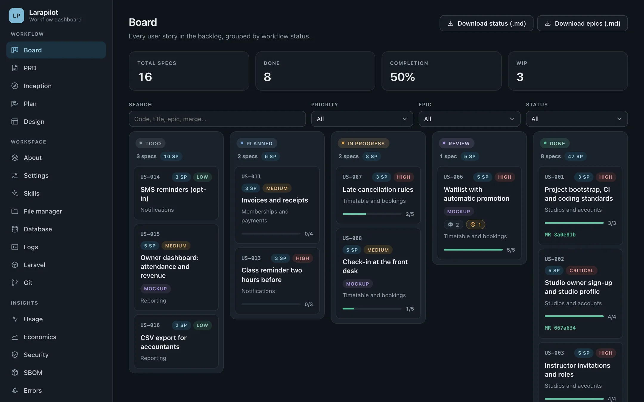 The Board in dark mode