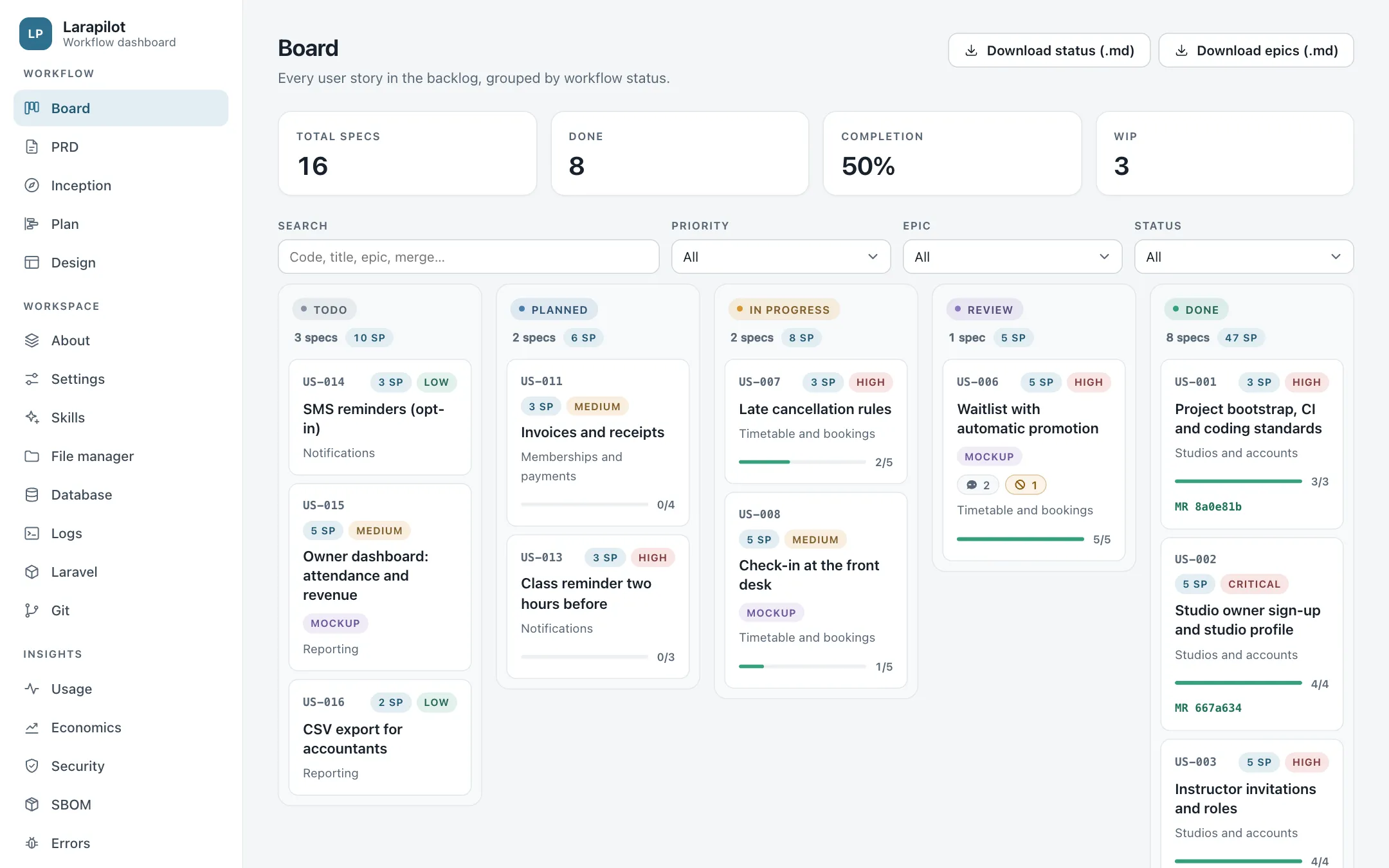 The Board page of the Larapilot dashboard: sixteen user stories of a demo app in five columns, from TODO to DONE