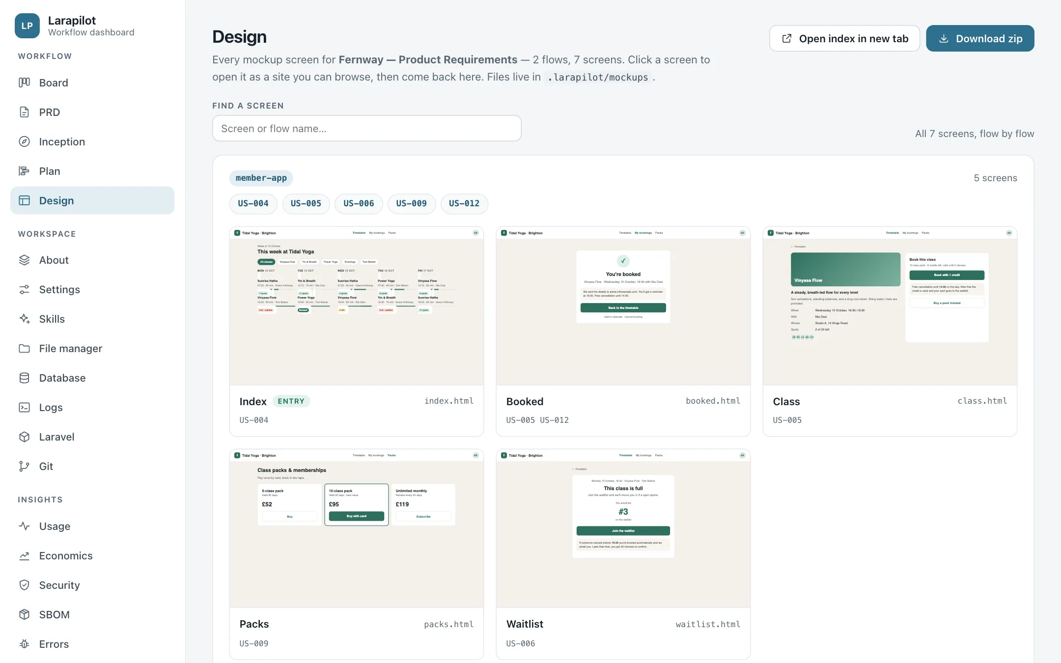The Design gallery: live previews of the mockup screens of the member app
