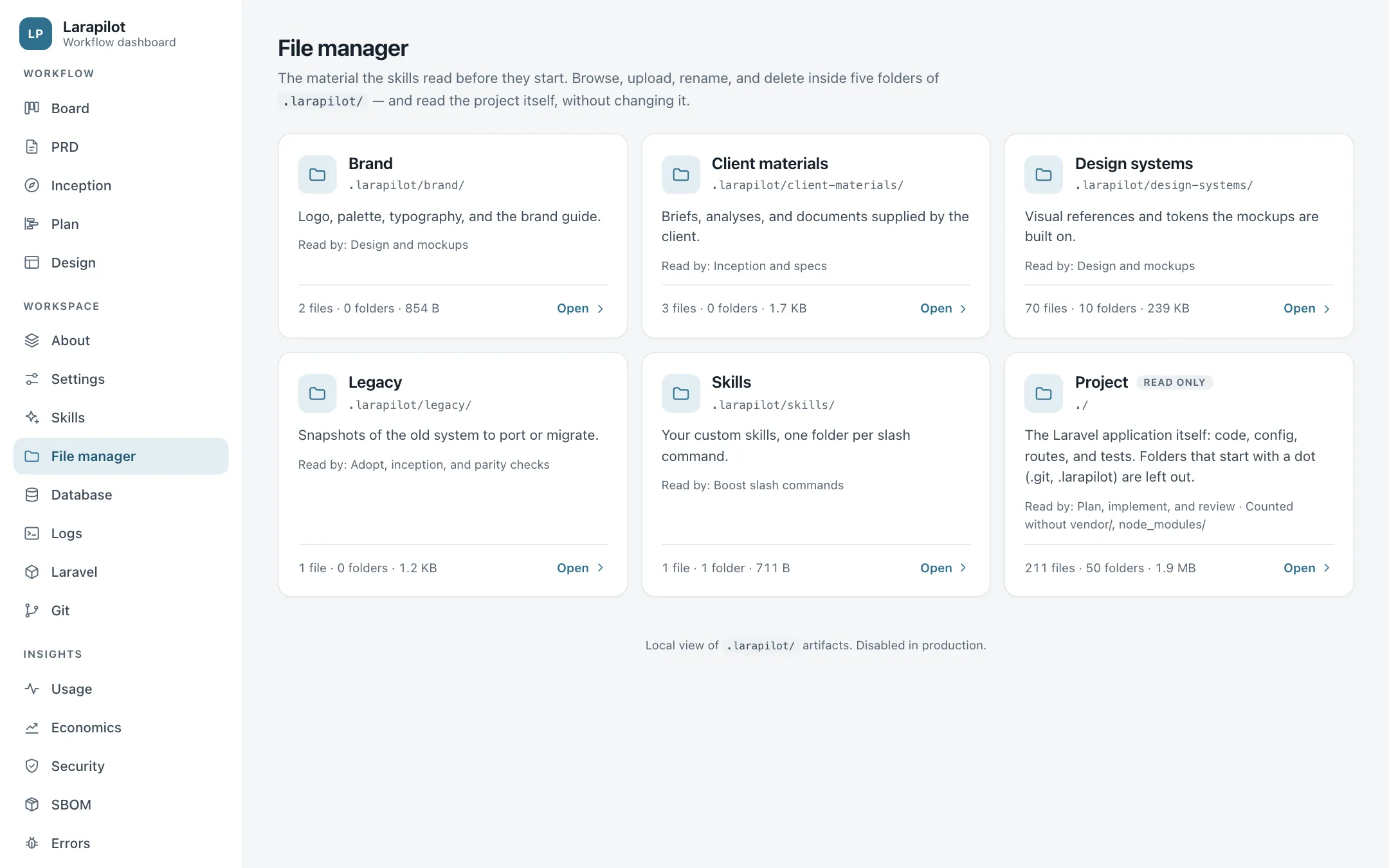 The File manager: five workspace folders and the project, read-only
