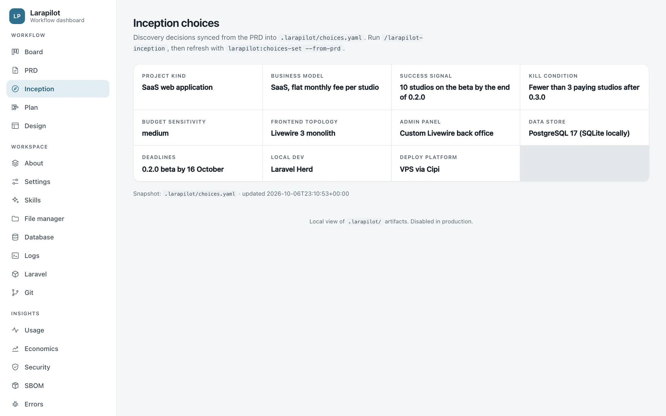The Inception page: the choices discovery fixed