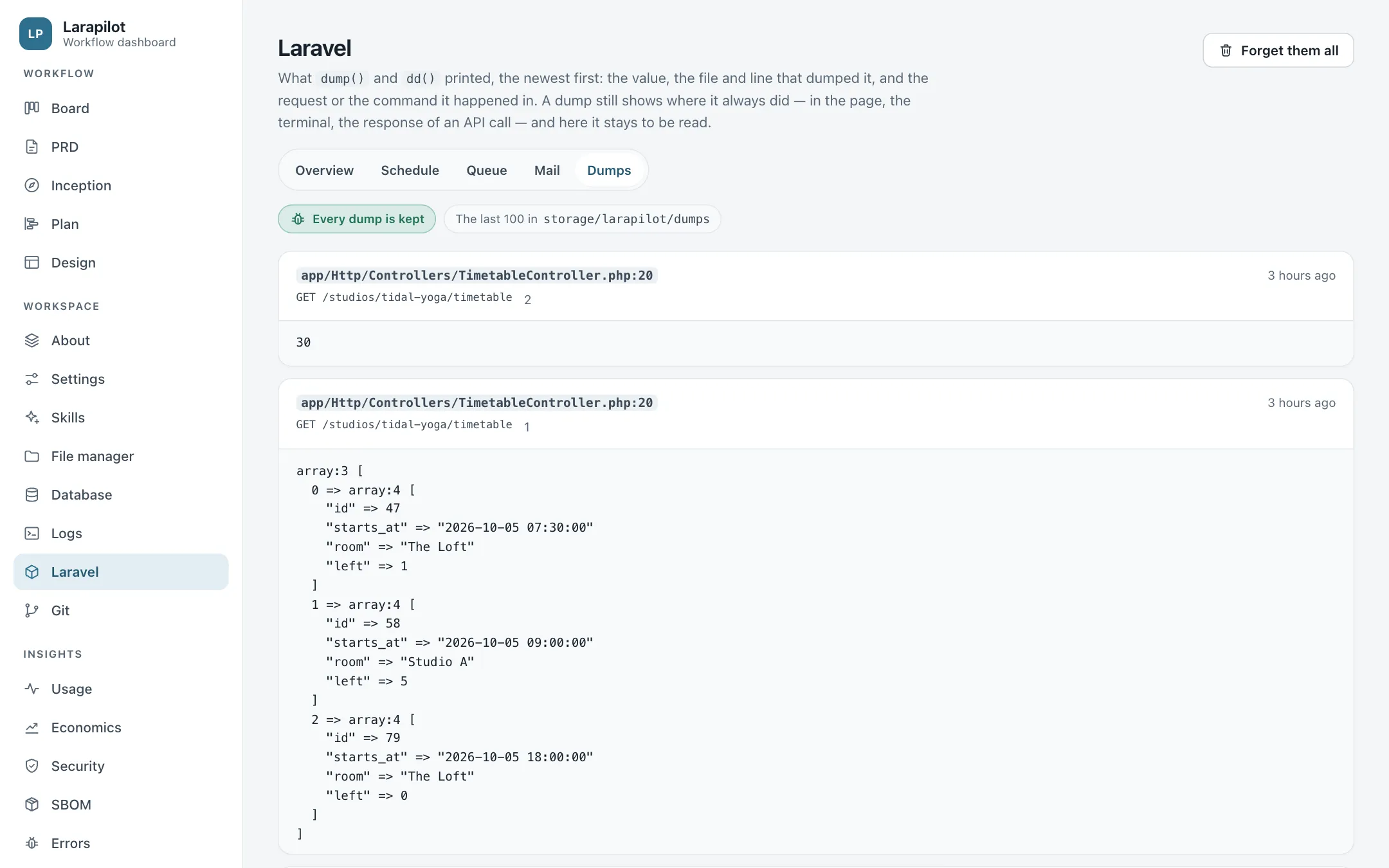The Dumps tab: values dumped in a controller and in a queued job