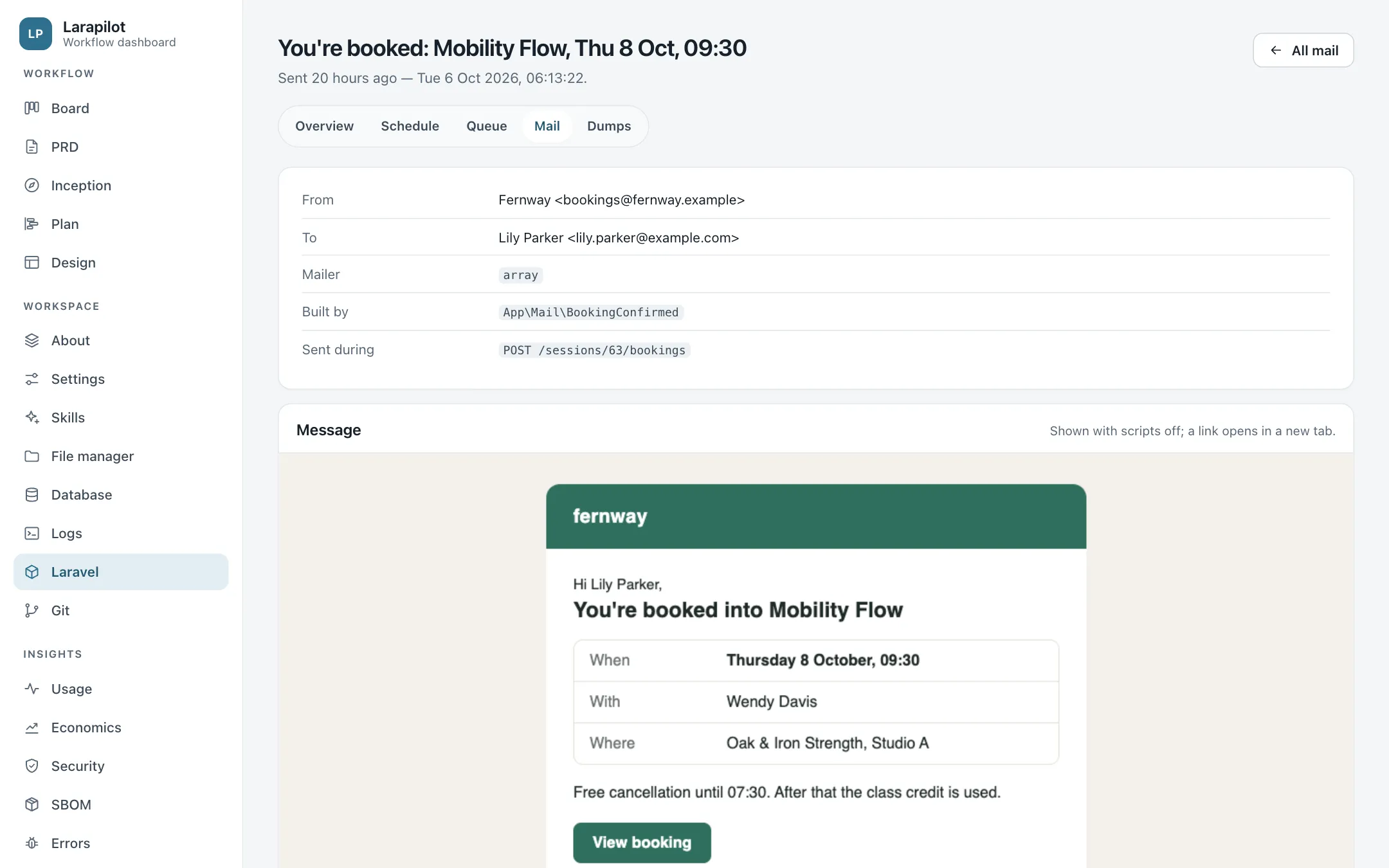 A booking confirmation kept by the Laravel page: headers, mailable, request, and message