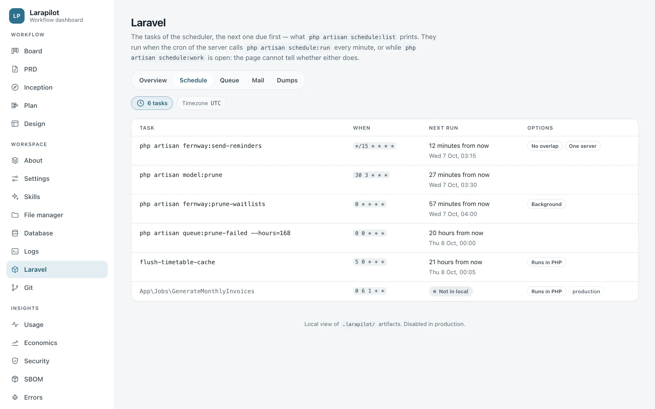 The Schedule tab: the tasks of the scheduler with their next run