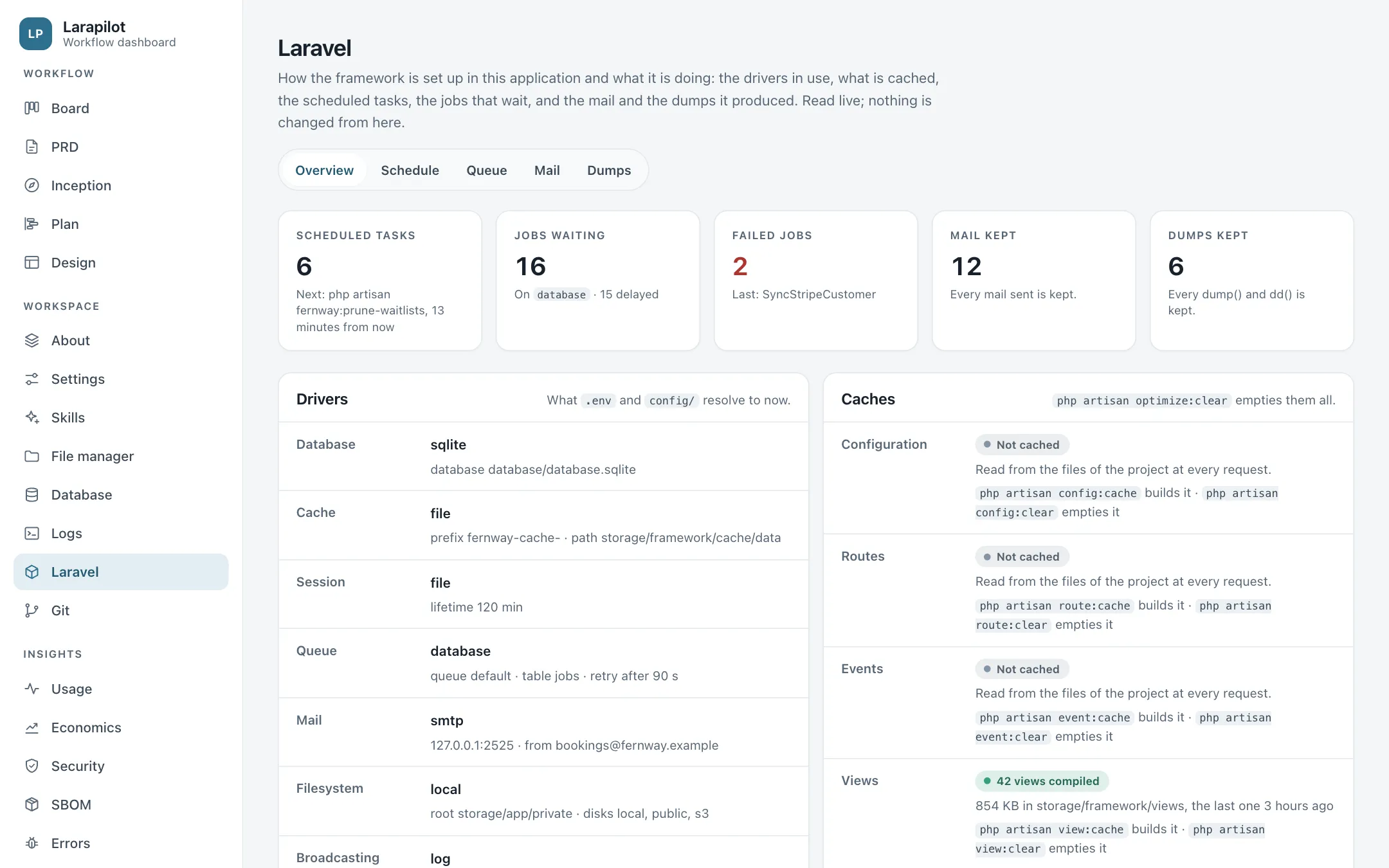 The Laravel overview: drivers and caches of the running application