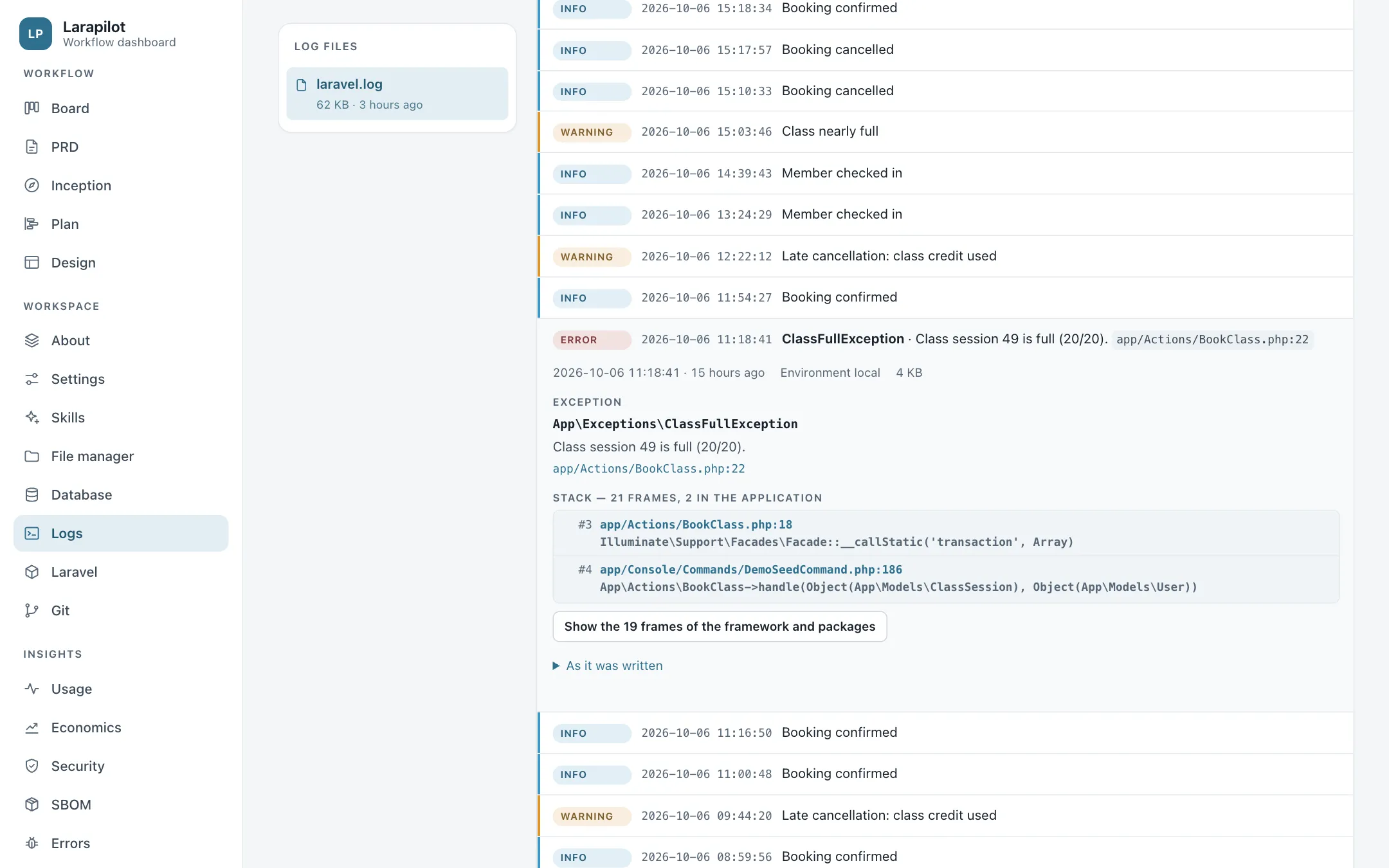 The Logs page with an exception opened on the frames of the application