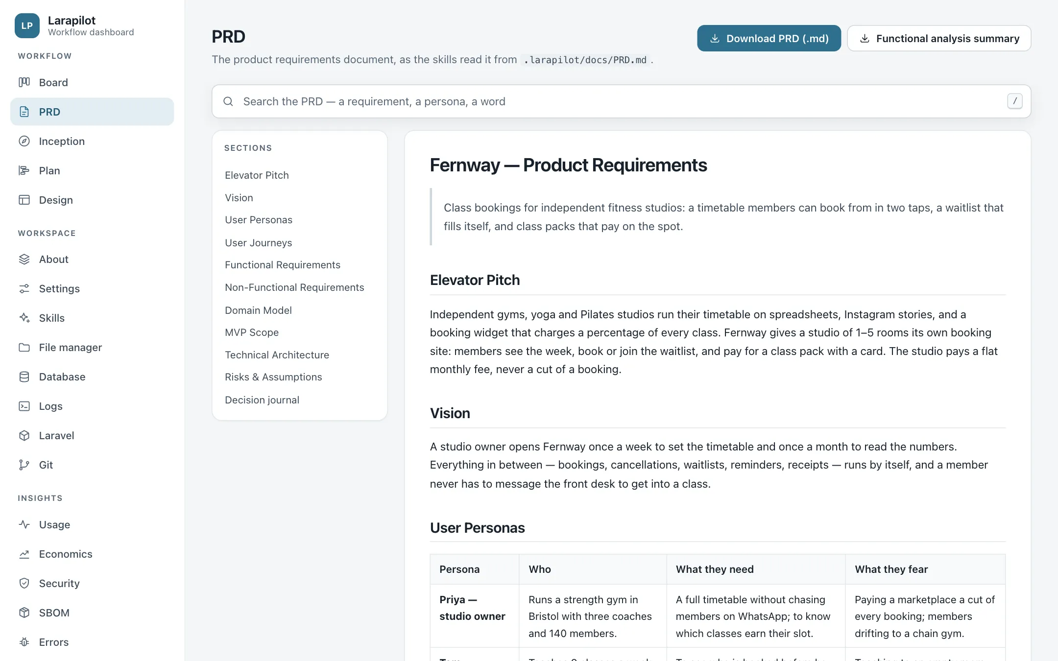 The PRD page: sections in the sidebar and the rendered document