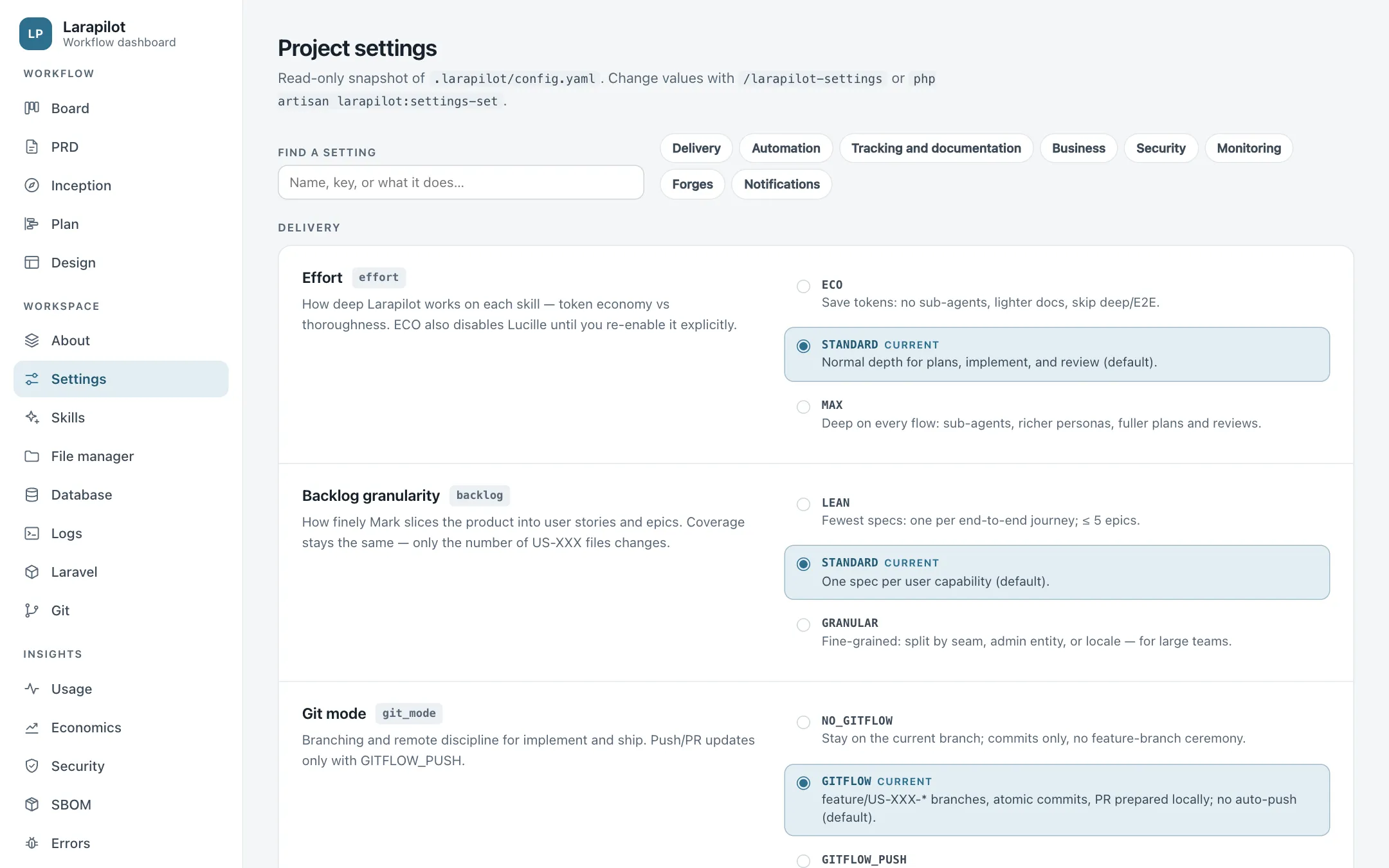 The Settings page: project modes with their values and options