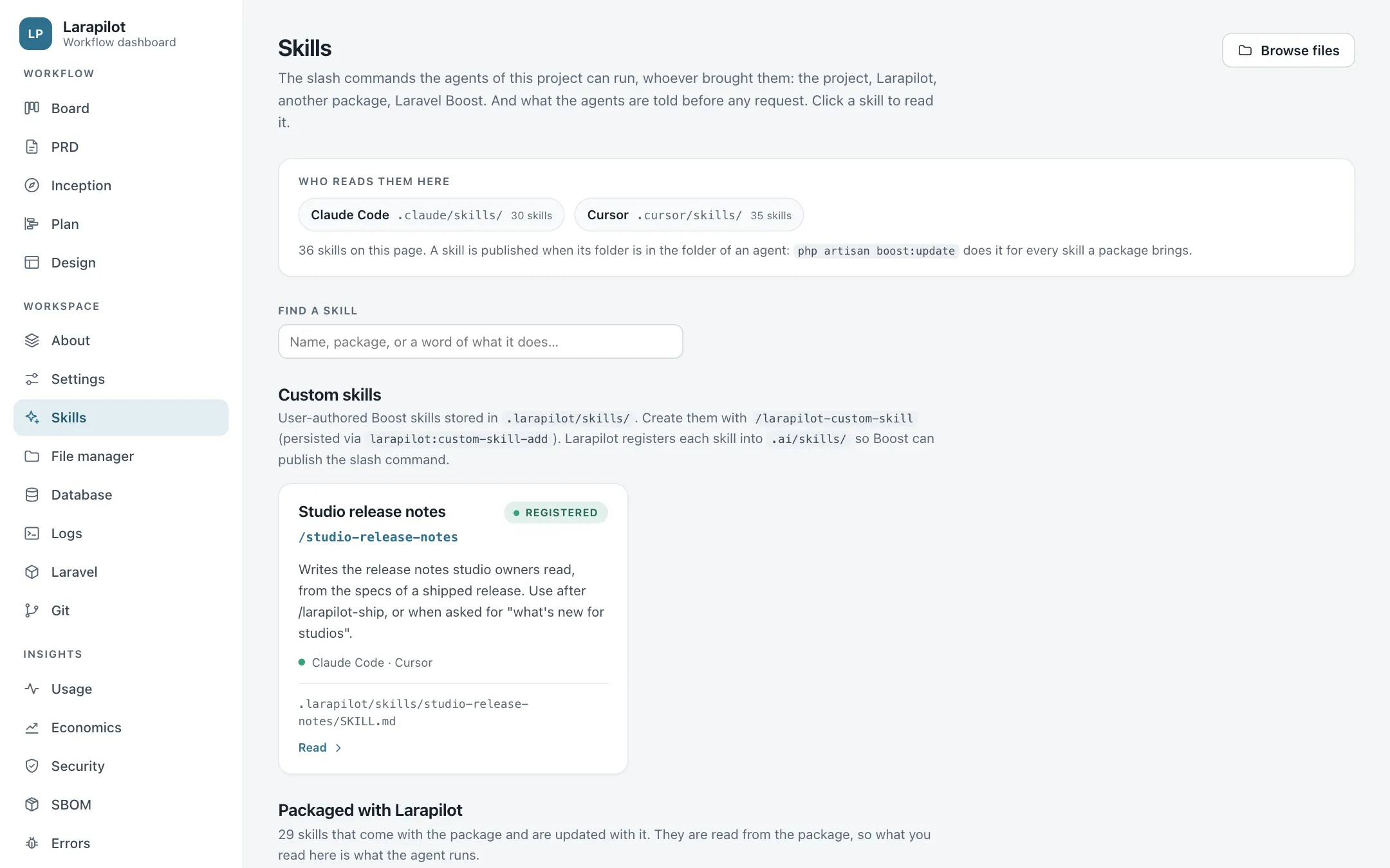 The Skills page: agent folders, a custom skill, and the packaged skills