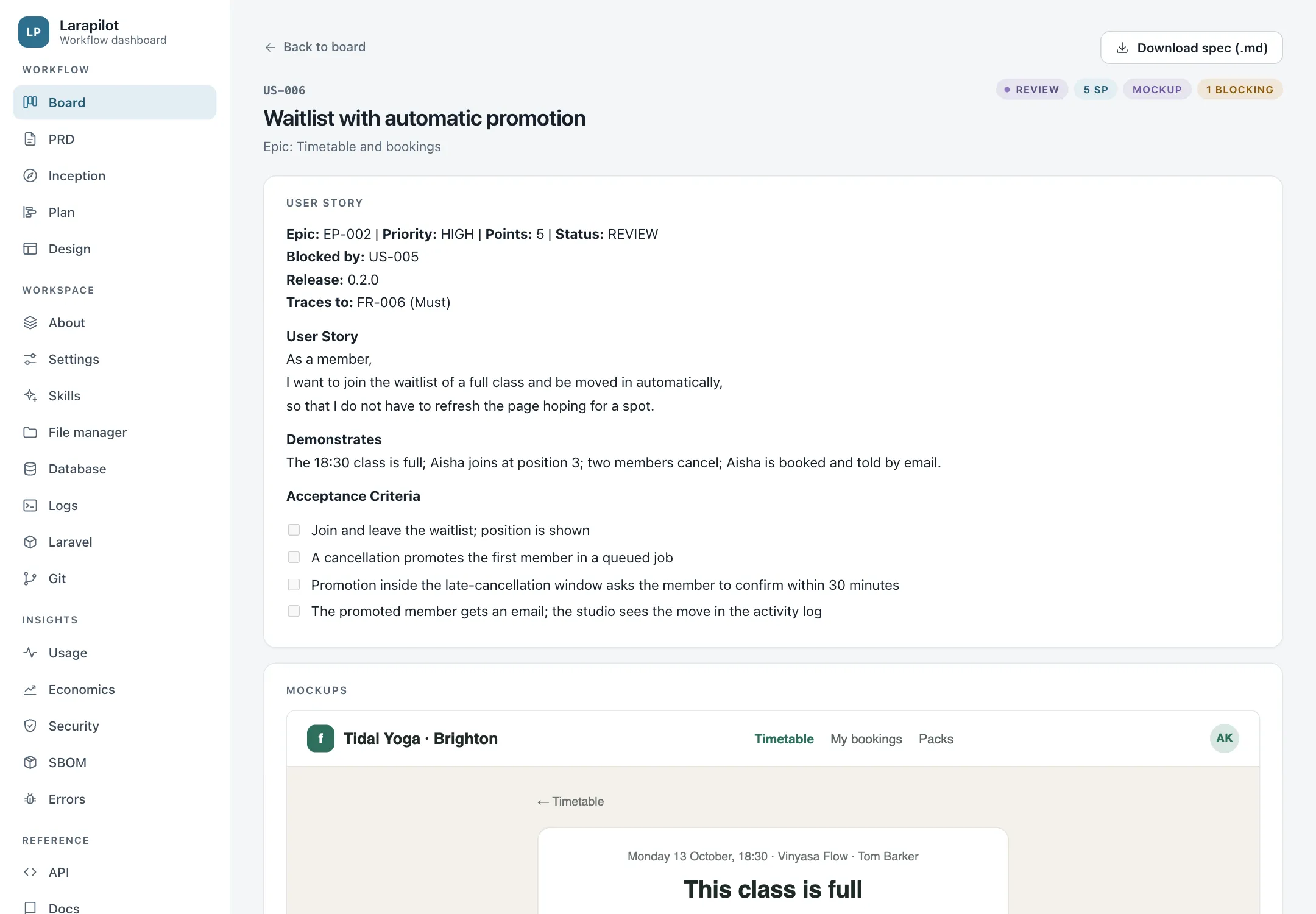 A spec in review: header, user story, acceptance criteria, and the mockup that covers it