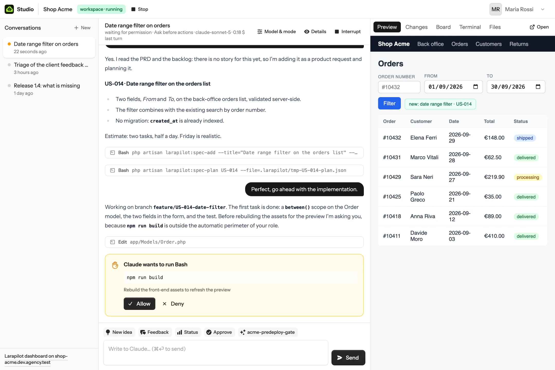 Studio: a conversation where Claude writes and plans story US-014 with the Larapilot commands, then asks permission to run npm run build; the preview of the branch on the right